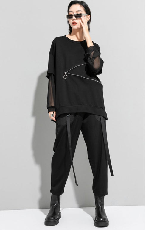 Tメッシュ仕様アシンメトリー長袖Tシャツ/カットソー ファスナー 黒 ブラック /レディース モレビー|モード系ファッションブランド